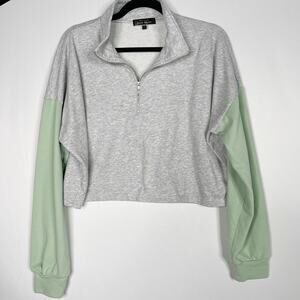Blue Blush Small S Gray Green Colorblock Cropped 1/4 Zip Sweatshirt Pullover